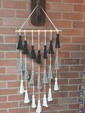 Boho Black, Gray & White Tassel Wall Hanging